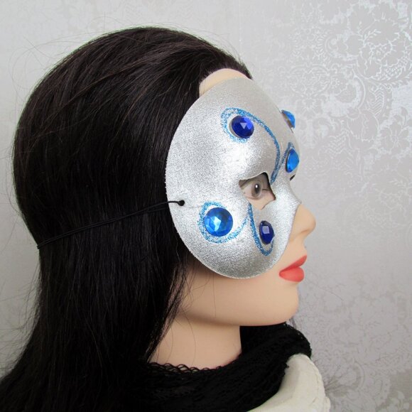 HALLOWEEN MASK, VENETIAN CARNIVALE EMBELLISHED SILVER w BLUE GEMS, MASKED BALL - Picture 5 of 5